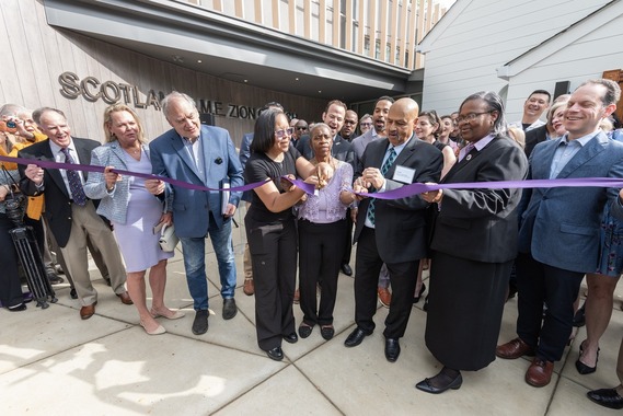 Councilmember Glass joins Rev. Barry Moultrie, Scotland's leaders and other local officials in cutting the ribbon in front of the new church