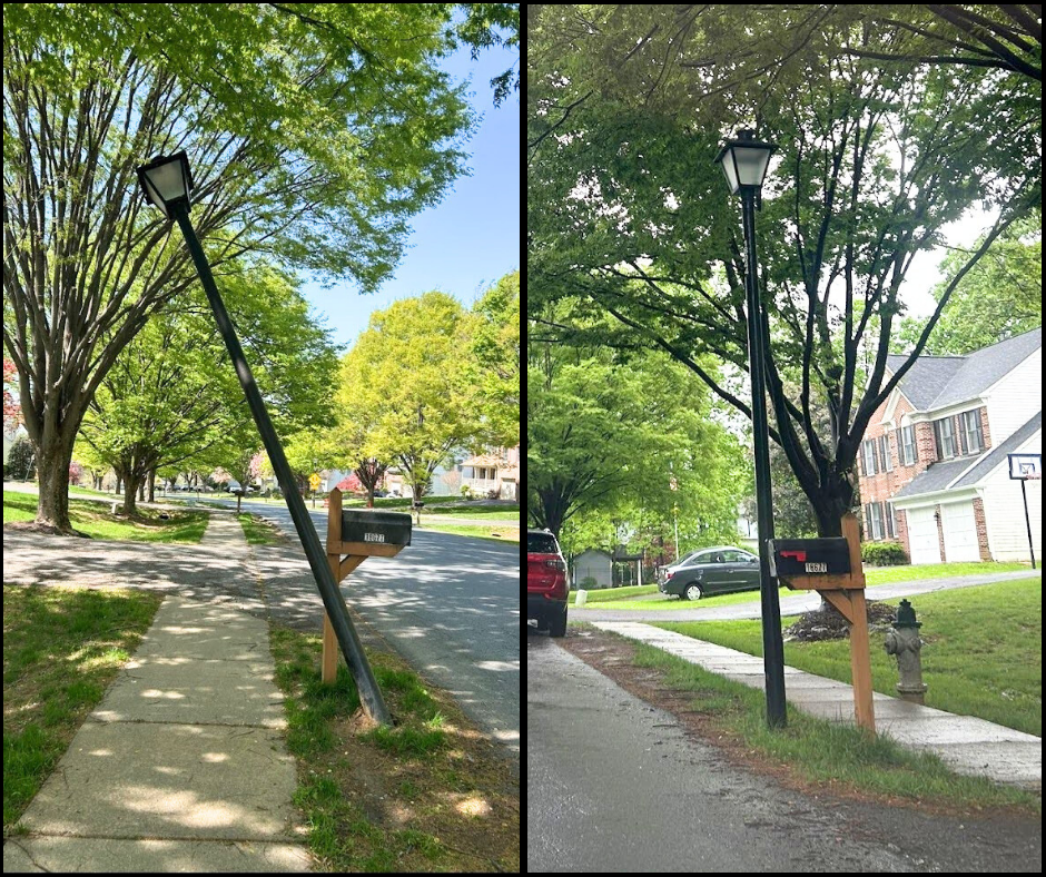 Two photos side-by-side: the first shows a slanted lightpole, the second shows that same lightpole standing straight after being repaired
