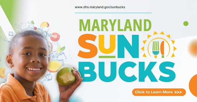 Young child holding an apple with a bite mark. Logo: Maryland Sun Bucks.