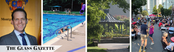 A picture of Councilmember Glass alongside three pictures of residents enjoying summer activities, over the text "The Glass Gazette" 