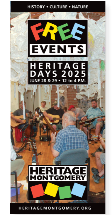 A brochure from Heritage Montgomery that says "Free Events, Heritage Days 2025, June 28 & 29, 12 to 4pm"