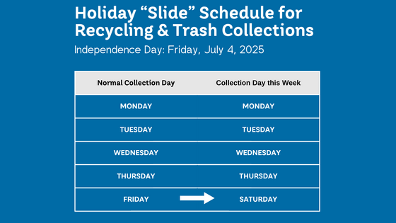 July 4 Holiday Slide. County trash and recycling will remain the same except for Friday. Friday pickup will be moved to Saturday. 
