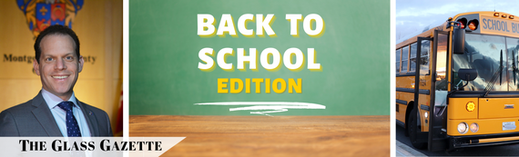 A banner that reads "The Glass Gazette: Back to School Edition" next to a picture of CM Glass and a school bus