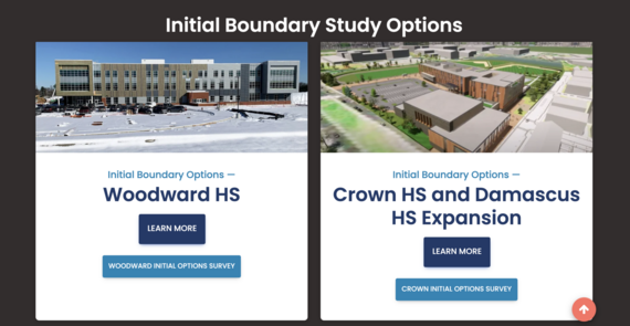 A screenshot from the boundary study website, showing the links to the Woodward HS and Crown HS initial options.