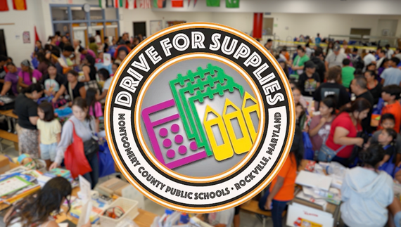The MCPS Drive for Supplies logo is in focus over a blurry image of a packed event.