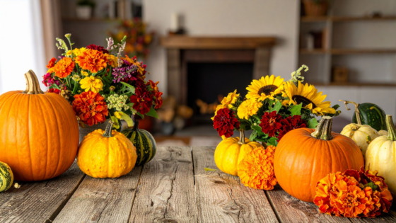 pumpkins of various sizes and colors sitting on a countertop with a fireplace in the background.