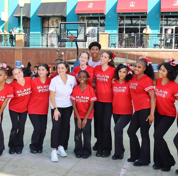 Council President Stewart and the Blair Poms squad in Veterans Plaza in Downtown Silver Spring.
