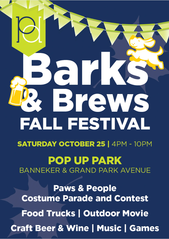 Flyer for the Barks and Brews Fall Festival. Text: 'Barks and Brews Fall Festival Saturday, October 25, 4 PM to 10 PM. 