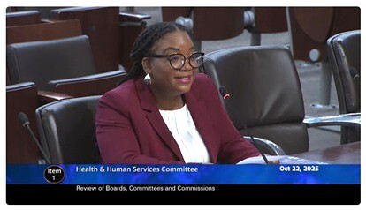 Community Action Board Chair DaVida Rowley testifies to the County Council's HHS Committee.