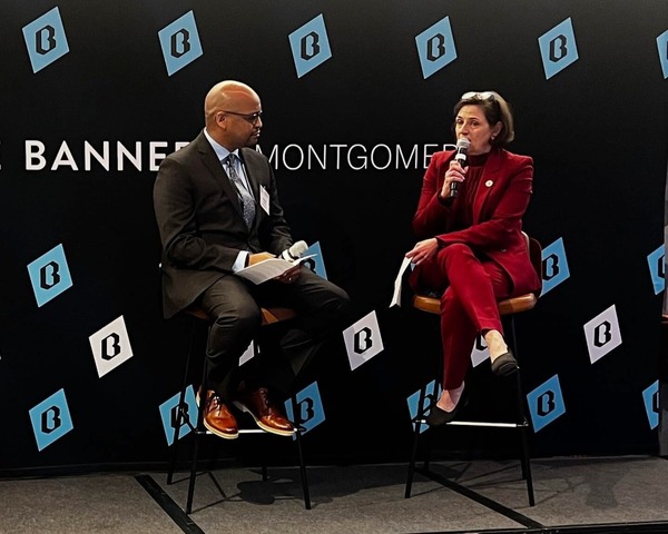 Council President Kate Stewart speaking with Zuri Berry at The Banner Montgomery newsroom.