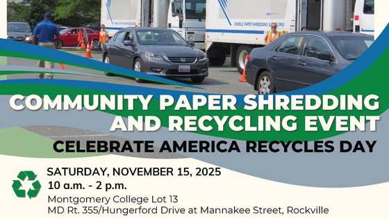 Banner announcing a Community Paper Shredding and Recycling Event at Montgomery College Lot 13, Rockville on November 15, 2025