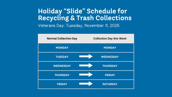 Veterans Day holiday slide. Thursdays collection will be picked up on Friday and Fridays collection will be picked up on Saturday.