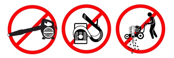 Graphic depicting hand held, backpack and walk behing gas powered leaf blowers with red lines through the middle indicating they are not allowed