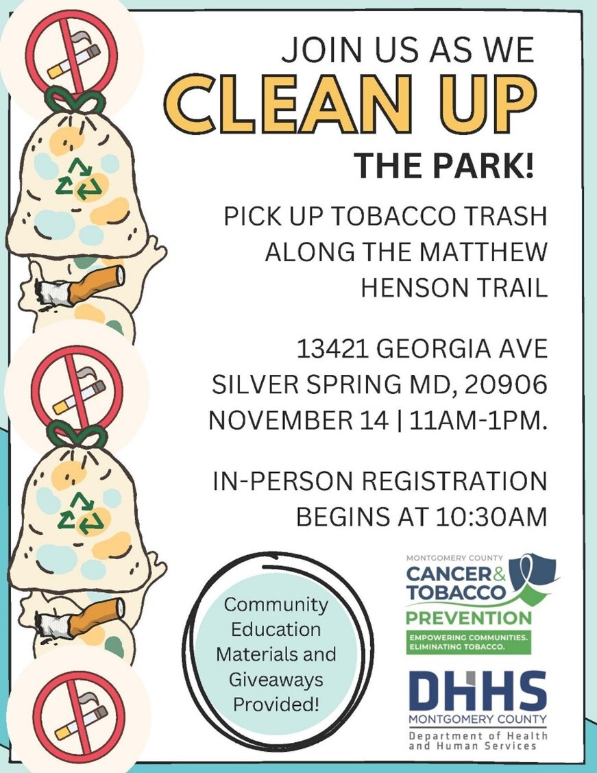 Montgomery County Cancer and Tobacco Program to Host Park Clean Up Day on Friday, Nov. 14 at Matthew Henson Trail in Silver Spring