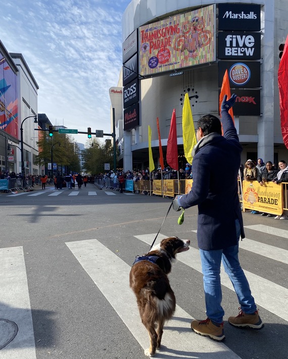 Councilmember Gabe Albornoz with his dog at a past Thanksgiving parade