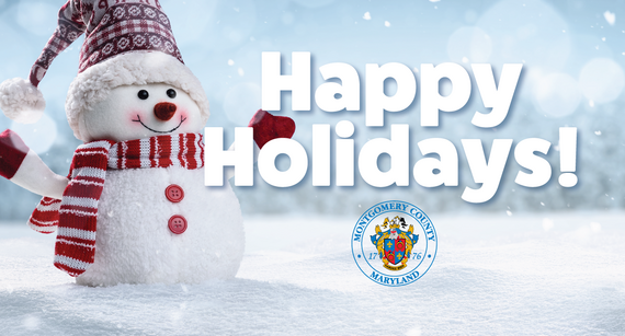 happy holidays montgomery county graphic with a snowman on it 