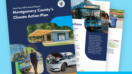 Montgomery County Climate Action brochure with man standing in front of a bus and images of an EV and other structures