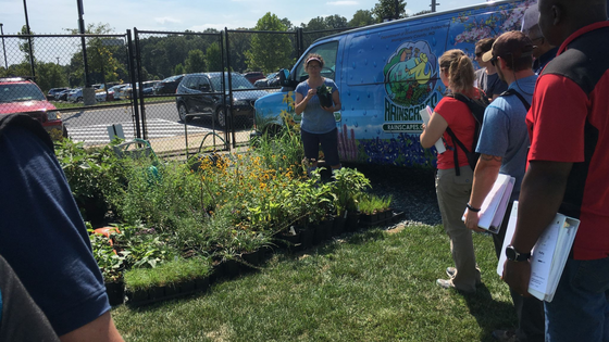 Group of people standing outside on the grass around a plot of native plants, listening to a presentation.