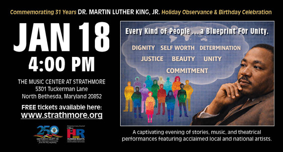 A flyer advertising the County's annual Dr. Martin Luther King, Jr. birthday celebration, which will be held on Sunday, January 18th at Strathmore.