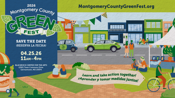 GreenFest save the date on April 25. Cartoon people are on a lawn at a festival participating in various activities. EV cars cab be seen charging. 