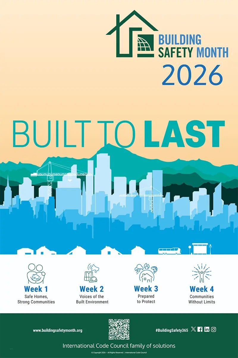 building safety month icc graphic with the theme "built to last" and weekly themes