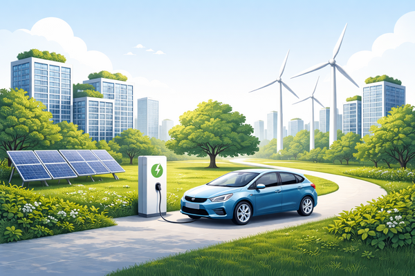 Illustration of a blue electric car charging at a station in a landscaped park, with solar panels, wind turbines, and modern office buildings