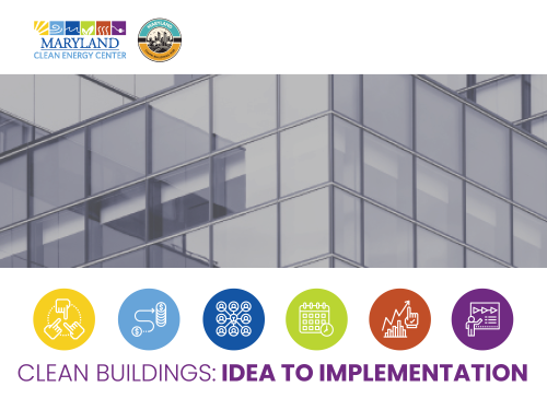 Clean Buildings: Idea to Implementation webinar graphic with building image and program icons.