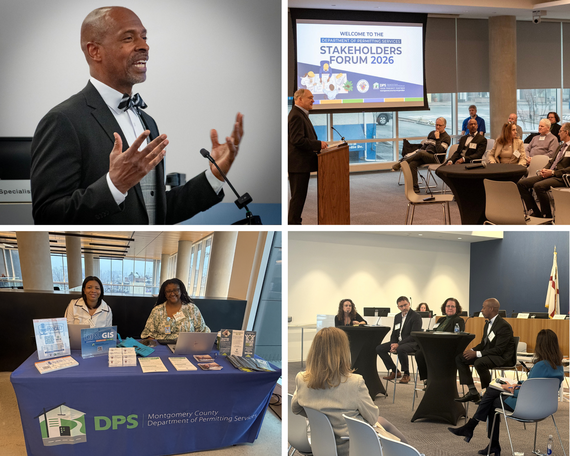 photo collage of dps director, county executive, outreach table and panel discussion at stakeholders forum in wheaton 