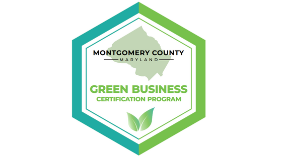 A shield with the words "Montgomery County Maryland Green Business Certified." The shield includes a figure shaped like the County. 