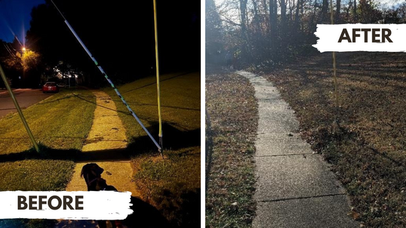 On the left, a photo of a sidewalk with a wire across it diagonally. On the right, a photo of the same sidewalk with no wire.