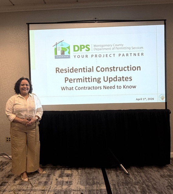 Photo of DPS Plan Reviewer who presents permitting info and updates at Contractor College. 