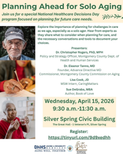 Montgomery County to Host Solo Aging and Social Health Workshop on Wednesday, April 15 in Silver Spring