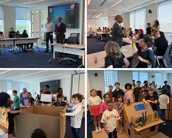 photos of kids meeting with directors at bring your child to work day and building a cardboard house