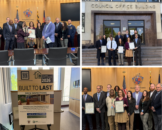 four photos featuring montgomery county leaders at the proclamation ceremony for building safety month and a poster with tagline built to last