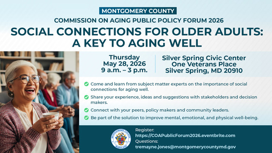 Commission on Aging Public Policy Forum 2026 Graphic for May 28 Event at Silver Spring Civic Center