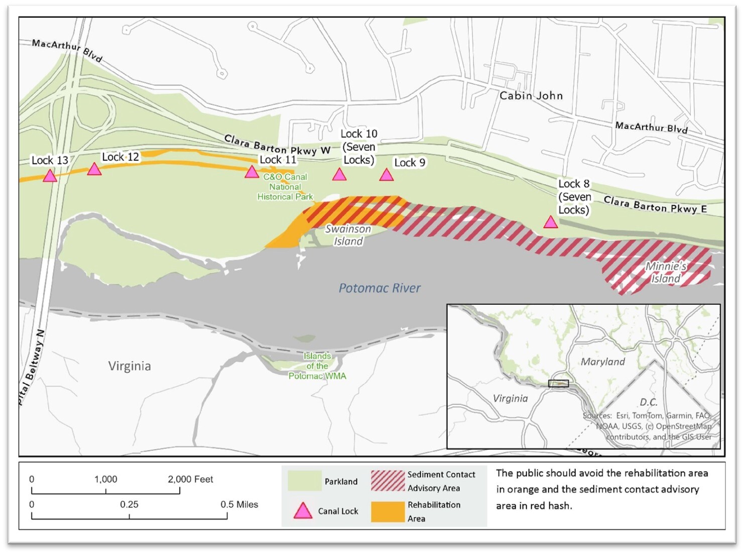 Graphic/Map of Shoreline Areas Affected by the Potomac Interceptor Collapse and Sewage Leak