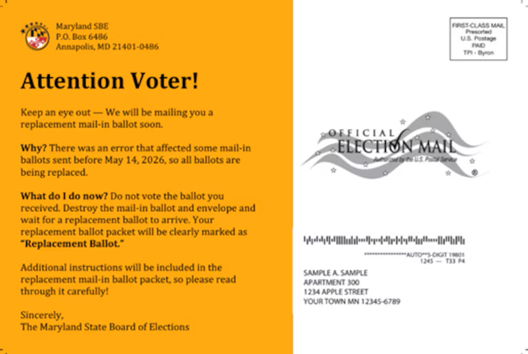 Maryland State Board of Elections Issues Replacement Mail-In Ballots  
