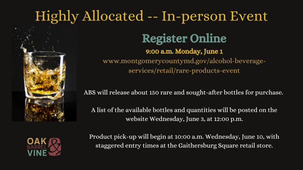 Montgomery County Alcohol Beverage Services to Open Registration for In-person Opportunity to Purchase Rare Spirits