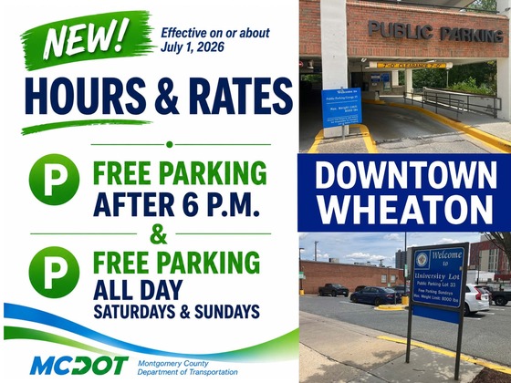 Parking garage in Wheaton. Text: New! Effective on July 1, Hours & Rates, Free parking after 6 p.m. & free parking all day Saturdays & Sundays.