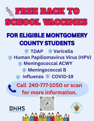 A graphic advertising Free Back to School Vaccines for Eligible Montgomery County Students. Call 240-777-1050 for more information.