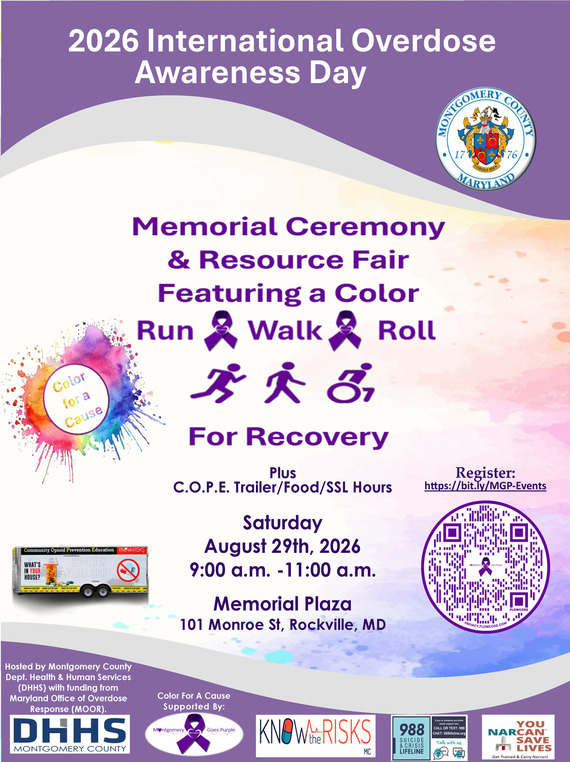 2026 International Overdose Awareness Day flier: Memorial Ceremony & Resource Fair featuring a Color Run/Walk/Roll for Recovery