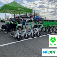 Escooter Lime Class with Lime tent and scooters parked in front