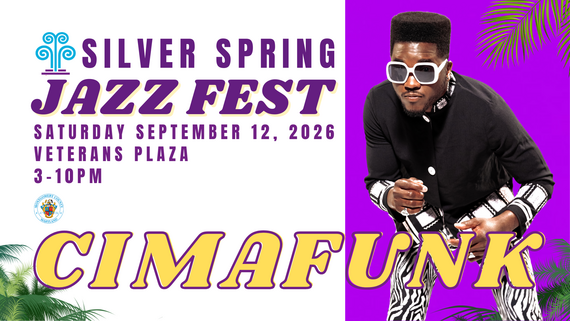 A graphic advertising the Silver Spring Jazz Fest: Saturday, September 12 from 3 - 10pm in Veterans Plaza.