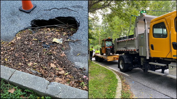 A side-by-side comparison of a sinkhole in a road next to a photo of a repair crew fixing it.