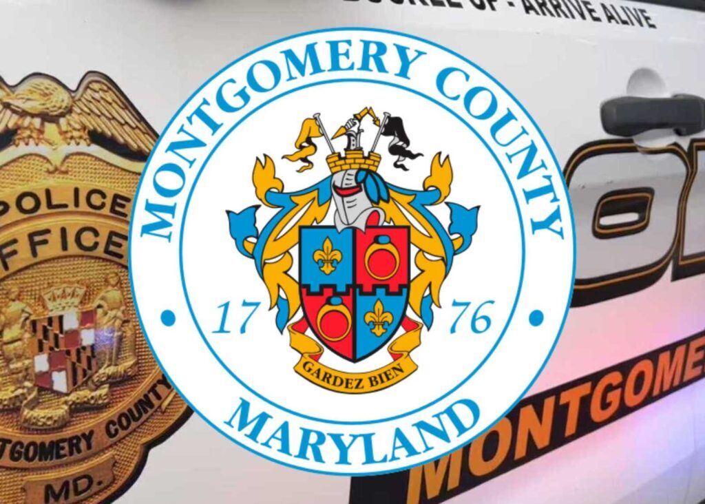 The Montgomery County seal next to an image of an MCPD badge and a marked MCPD vehicle