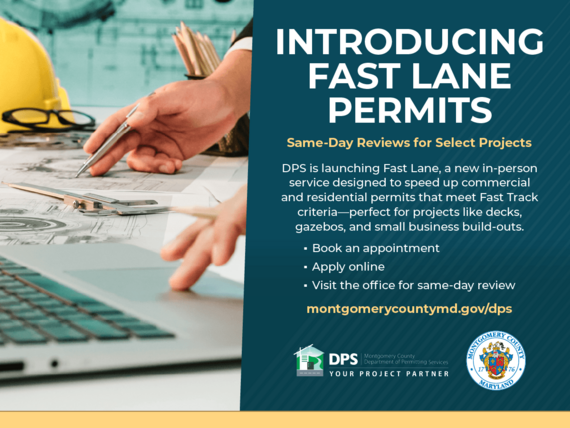 DPS fast lane permit graphic with photo of people in office, blueprints, laptop, construction helmut