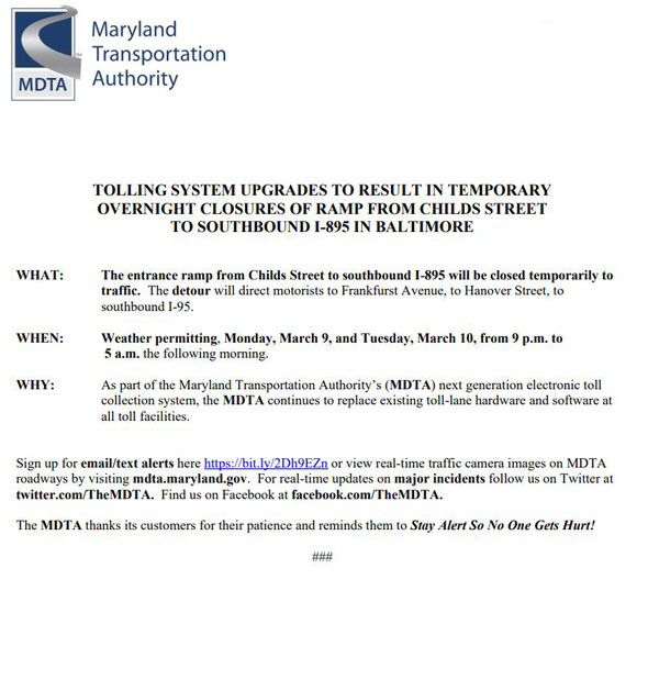 TOLLING SYSTEM UPGRADES TO RESULT IN TEMPORARY OVERNIGHT CLOSURES OF RAMP FROM CHILDS STREET TO SOUTHBOUND I-895 IN BALTIMORE 