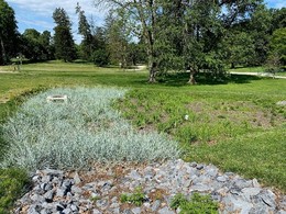 Water filtration area to collect and filter water from parking lot and roads