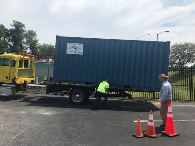 Shipping container for Masonville Cove Environmental Education Center storage