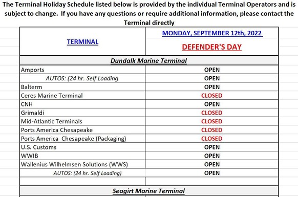 Defender's Day Holiday Schedule - 9/12/22